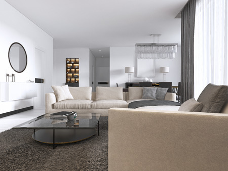Modern light contemporary living room with large corner sofa and dining area. Console with a mirror, TV unit, coffee and side table. 3d rendering.の写真素材