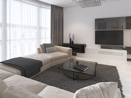 Modern light contemporary living room with large corner sofa and dining area. Console with a mirror, TV unit, coffee and side table. 3d rendering.の写真素材