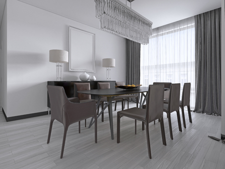 Contemporary dining room with a large rectangular dining table with eight brown leather chairs and a black picture dresser and lamps. 3d rendering.の写真素材