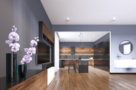 TV storage with vase in studio apartment with kitchen. Living room contemporary style. 3d renderingの写真素材