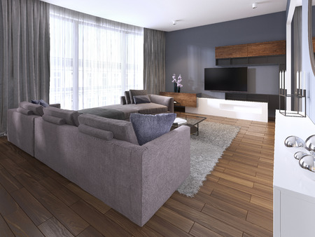 Modern living room in contemporary style with coffee table and TV unit. 3d rendering.の写真素材