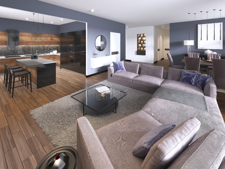 Luxury modern studio apartment spacious lounge with multicolored furniture and decor below tall bright windows with TV storage and consol. 3d renderingの写真素材
