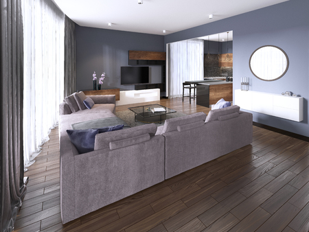 contemporary studio apartment and kitchen in open space modern interior. 3d renderingの写真素材