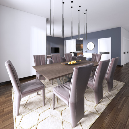 Luxurious modern dining room boasts a wood dining table illuminated by a pendant lights and surrounded by brown leather dining chairs over taupe sisal rug finished with modern chest of drawers. 3d renderingの写真素材