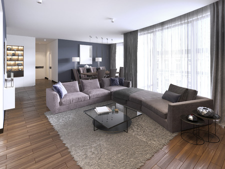 Colorful modern apartments with big corner sofa and TV storage and long-transparent curtains. 3d rendering.の写真素材