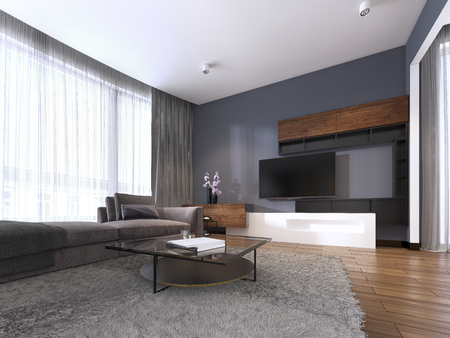 TV storage with shelves in modern living room with corner big sofa and coffee table and carpet. 3d renderingの写真素材