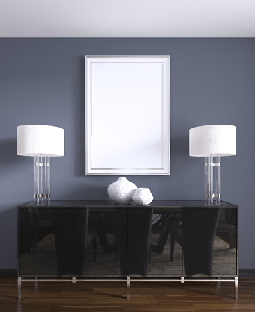 black chest of drawers with table lamps and a picture in a white frame. 3d rendering.の写真素材