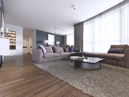 Colorful modern apartments with big corner sofa and TV storage and long-transparent curtains. 3d rendering.の写真素材