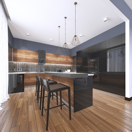 Luxury home interior beautiful kitchen with custom black and wood shaker cabinets, endless marble topped island with brown leather stools over wide planked hardwood floor. 3d renderingの写真素材