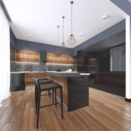 Luxury home interior beautiful kitchen with custom black and wood shaker cabinets, endless marble topped island with brown leather stools over wide planked hardwood floor. 3d renderingの写真素材