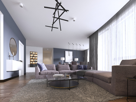 Colorful modern apartments with big corner sofa and TV storage and long-transparent curtains. 3d rendering.の写真素材