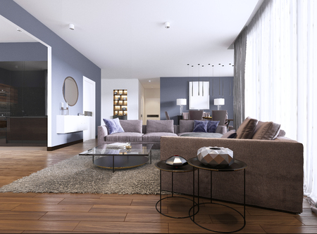 contemporary studio apartment and kitchen in open space modern interior. 3d renderingの写真素材