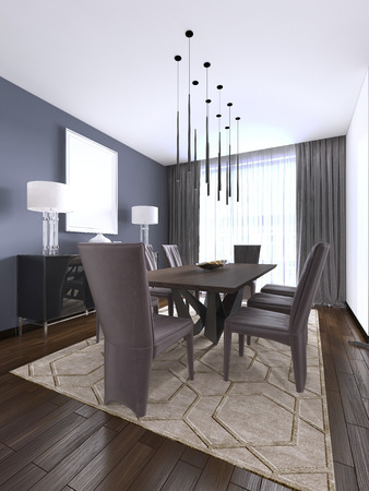 Luxurious modern dining room boasts a wood dining table illuminated by a pendant lights and surrounded by brown leather dining chairs over taupe sisal rug finished with modern chest of drawers. 3d renderingの写真素材