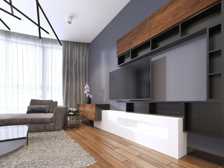 TV storage with shelves in modern living room with corner big sofa and coffee table and carpet. 3d renderingの写真素材