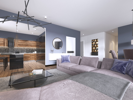 studio apartment with open living room, kitchenette and dining area. 3d renderingの写真素材