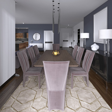Nicely decorated luxury living, dining room. Dining table and some chairs. Interior design. 3d renderingの写真素材