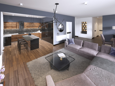 studio apartment with open living room, kitchenette and dining area. 3d renderingの写真素材