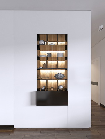 Built-in black shelves with decor against a white wall with lighting. 3d renderingの写真素材