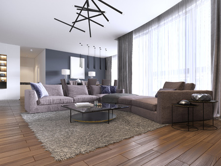 Beautiful living room interior with hardwood floors and large corner sofa violet color in new luxury home. Contemporary style. 3d rendering.の写真素材