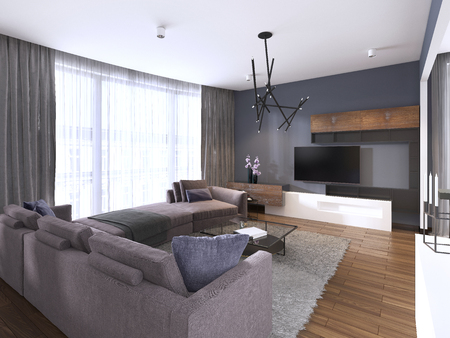 Beautiful living room interior with hardwood floors and large corner sofa violet color in new luxury home. Contemporary style. 3d rendering.の写真素材