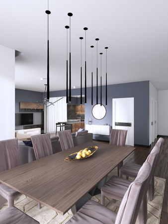 Modern dining room interior with violet walls, a wooden table with designer leather chairs near it, window and a chest of drawers. 3d renderingの写真素材