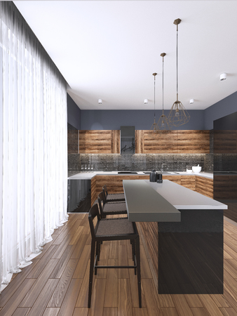 Side view of a dark  kitchen interior with a wooden floor, a bar stand with stools and metal ceiling lamps. 3d renderingの写真素材