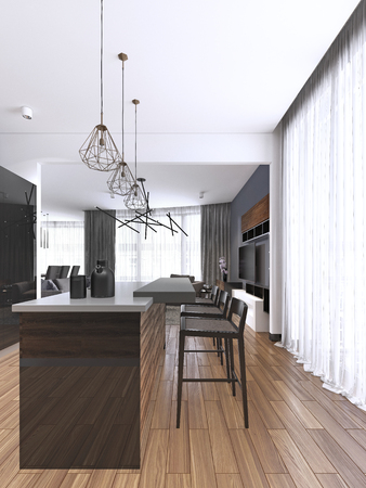 Side view of a dark  kitchen interior with a wooden floor, a bar stand with stools and metal ceiling lamps. 3d renderingの写真素材