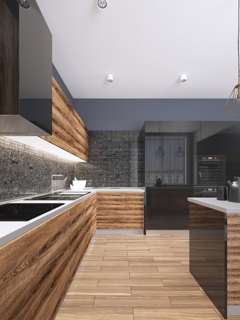 Modern kitchen with black furniture and wooden floor. 3d renderingの写真素材