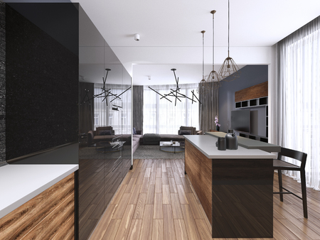 Modern kitchen with black furniture and wooden floor. 3d renderingの写真素材