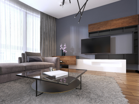 TV unit in contemporary living room with corner fabric big sofa and windows with tulle. 3d renderingの写真素材