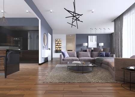 studio apartment with open living room, kitchenette and dining area. 3d renderingの写真素材