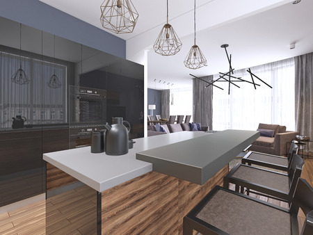 Large luxury contemporary kitchen with stone island bench. 3d rendering.の写真素材