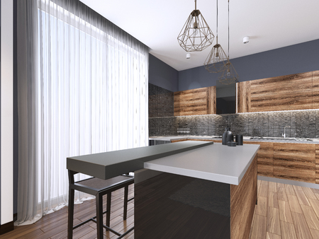 modern minimalistic kitchen, with contemporary wood fittings, panoramic window, luxury interior design, 3d renderingの写真素材