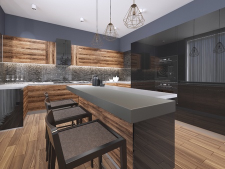 modern minimalistic kitchen, with contemporary wood fittings, panoramic window, luxury interior design, 3d renderingの写真素材