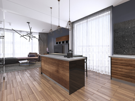 Large luxury contemporary kitchen with stone island bench. 3d rendering.の写真素材