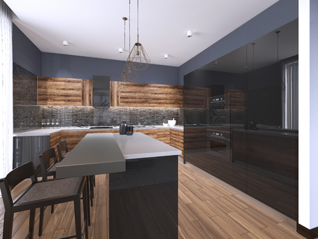 modern minimalistic kitchen, with contemporary wood fittings, panoramic window, luxury interior design, 3d renderingの写真素材