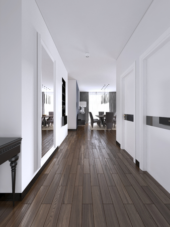 Hallway corridor in bright white colors with doors and built-in true niche with shelves and decor. 3d rendering.の写真素材