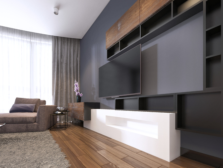 TV unit in contemporary living room with corner fabric big sofa and windows with tulle. 3d renderingの写真素材