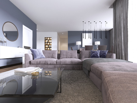 Contemporary large living room in a new apartment with a large sofa and dining area. 3d rendering.の写真素材