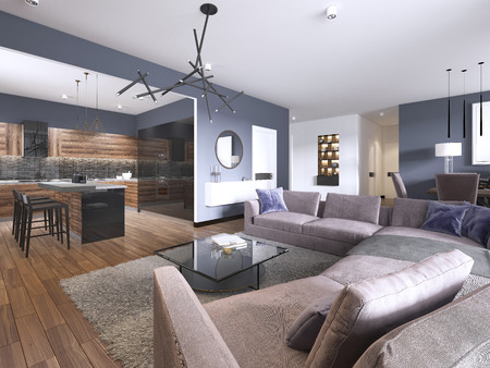 studio apartment living room with fabric sofa and TV storage and kitchen with console on the wall. 3d renderingの写真素材