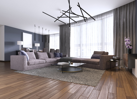 Contemporary large living room in a new apartment with a large sofa and dining area. 3d rendering.の写真素材