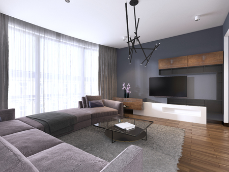 TV unit in contemporary living room with corner fabric big sofa and windows with tulle. 3d rendering