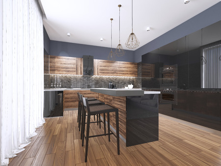 Modern kitchen with wood and gloss black kitchen cabinets, kitchen island with bar stools, stone countertops, built-in appliances. 3d renderingの写真素材