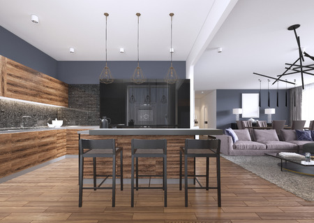 Modern kitchen with wood and gloss black kitchen cabinets, kitchen island with bar stools, stone countertops, built-in appliances. 3d renderingの写真素材