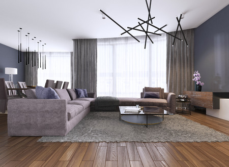 Contemporary large living room in a new apartment with a large sofa and dining area. 3d rendering.の写真素材