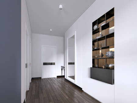 Hallway corridor in bright white colors with doors and built-in true niche with shelves and decor. 3d rendering.の写真素材