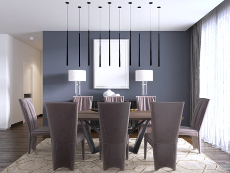 Modern dining room interior with violet walls, a wooden table with designer leather chairs near it, window and a chest of drawers. 3d renderingの写真素材