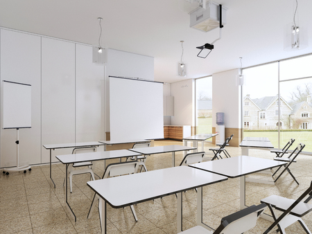 Empty classroom for students with modern equipment and kitchen. 3d rendering.の写真素材