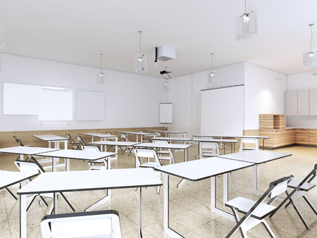 Empty classroom for students with modern equipment and kitchen. 3d rendering.の写真素材