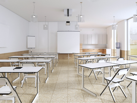 Modern empty school classroom Interior in white color. 3d renderingの写真素材